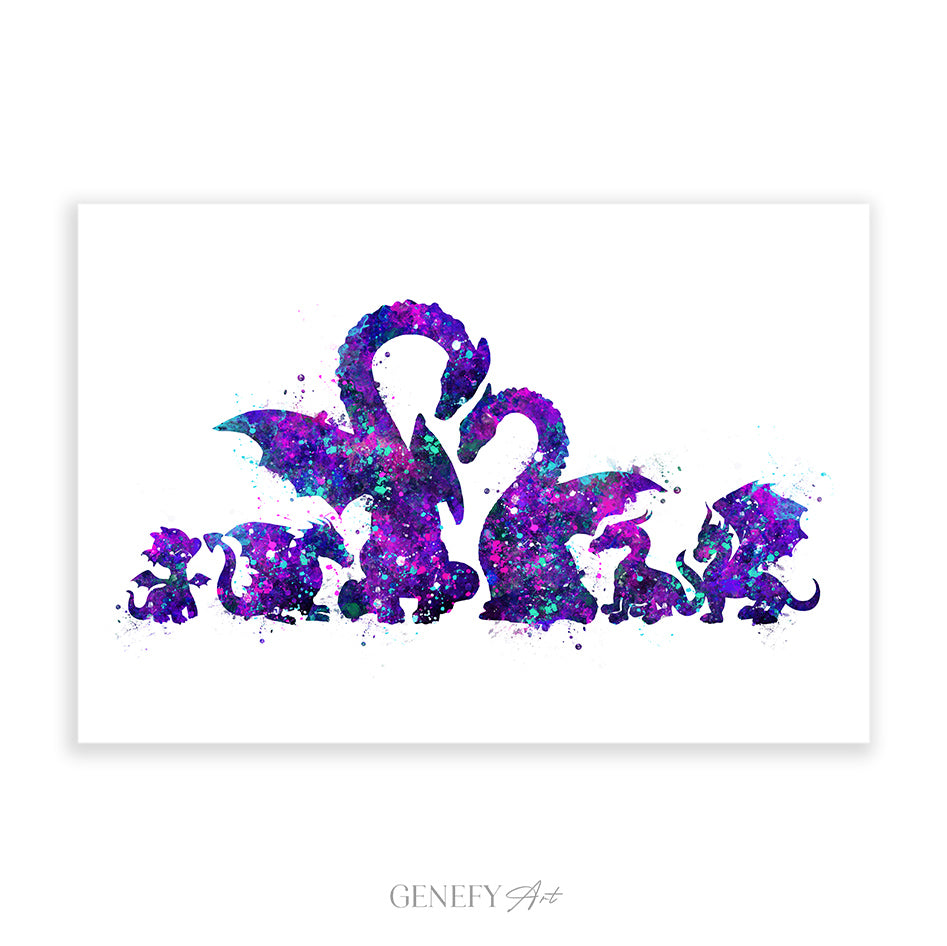 Dragon Family of 6 Watercolour Art Print