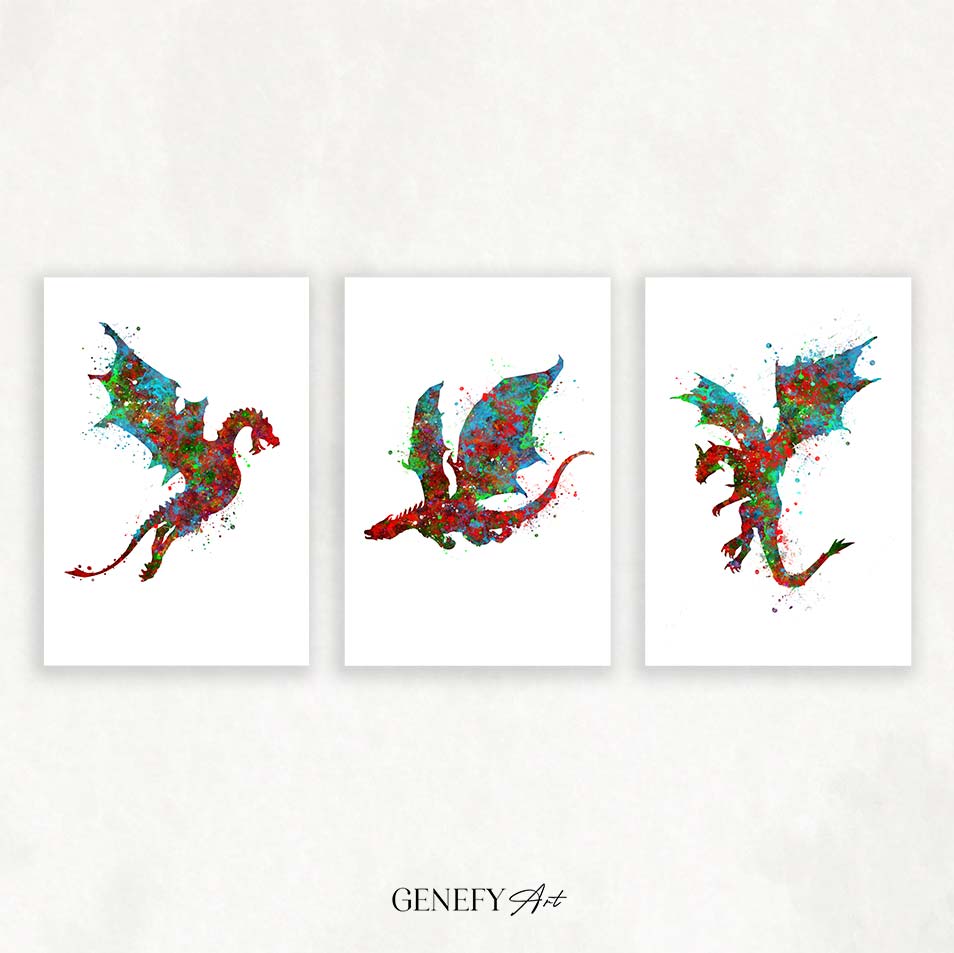Dragon Art - Red Green Blue - Set of 3 Prints
