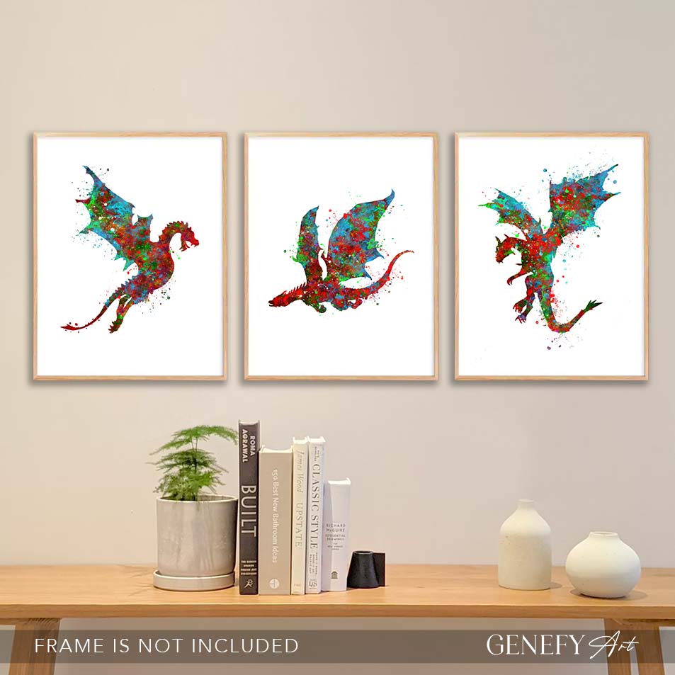 Dragon Art - Red Green Blue - Set of 3 Prints