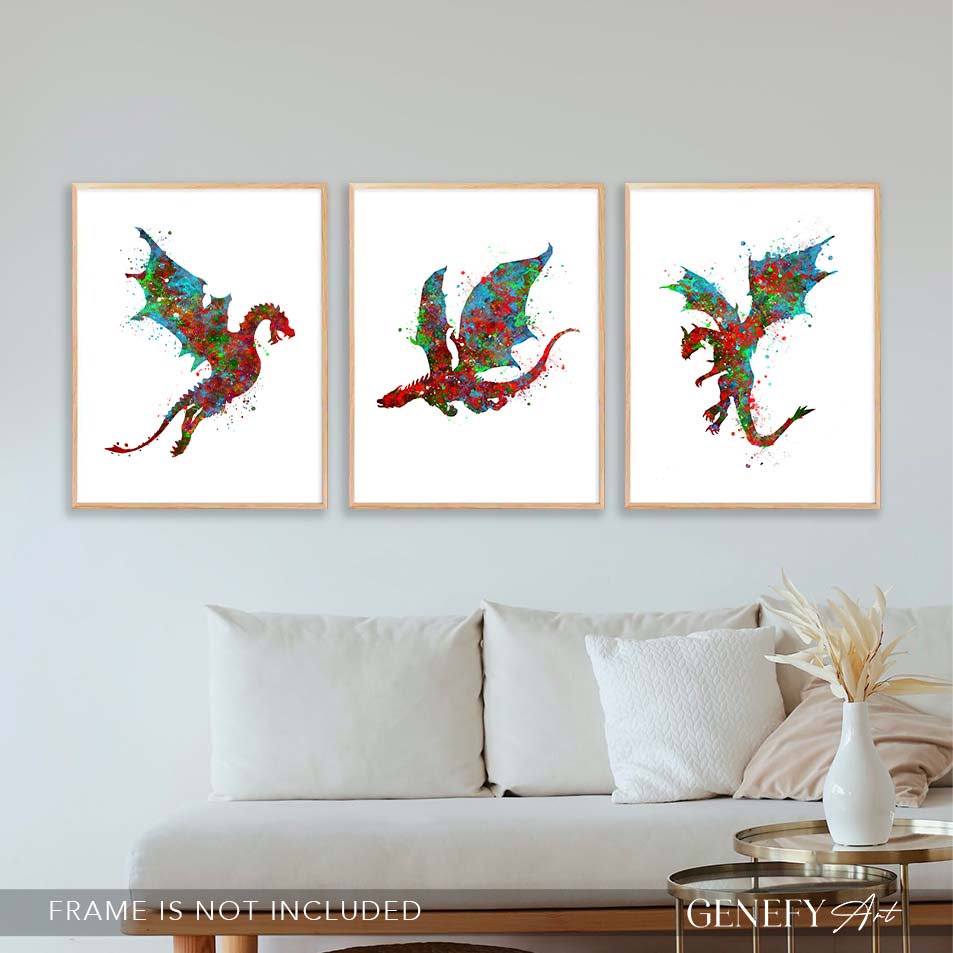 Dragon Art - Red Green Blue - Set of 3 Prints