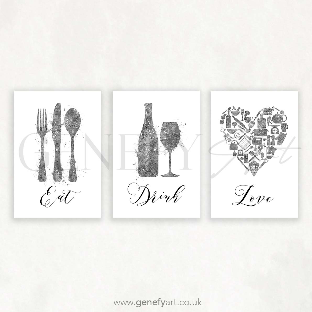 Grey Kitchen Watercolour Art - Set of 3