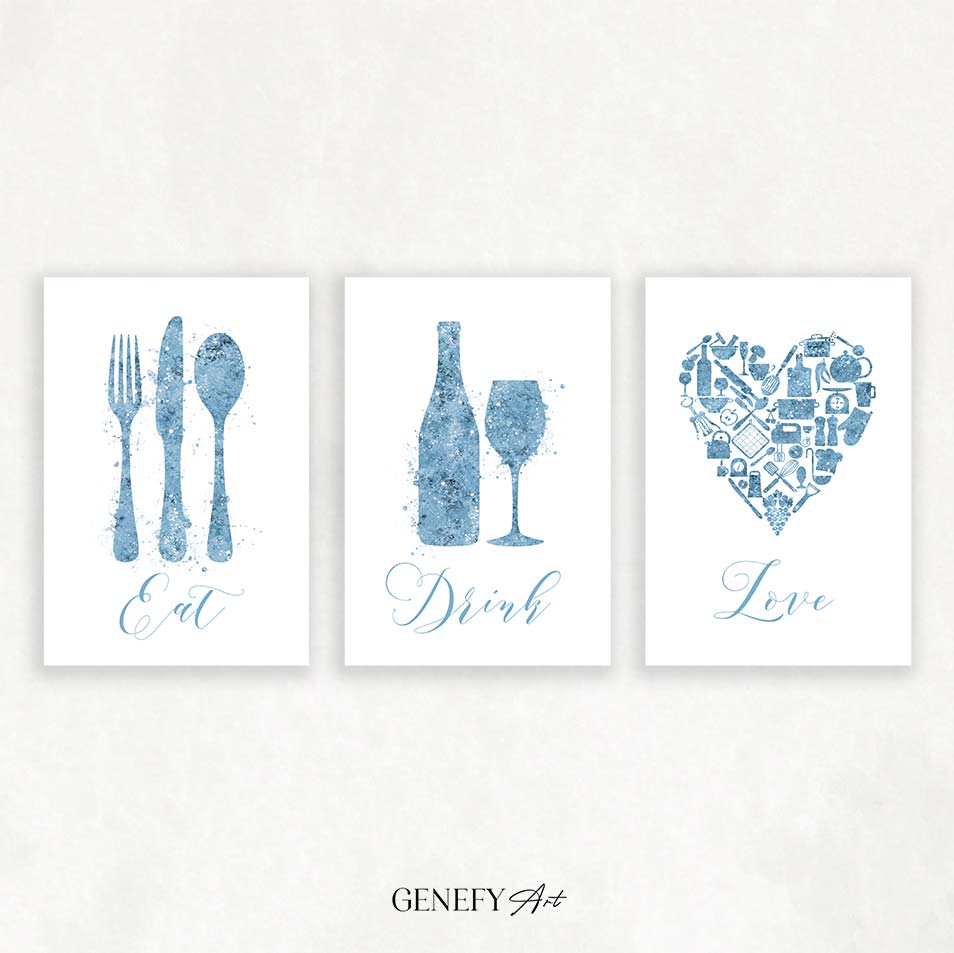 Pale Blue Watercolour Kitchen Print Set of 3