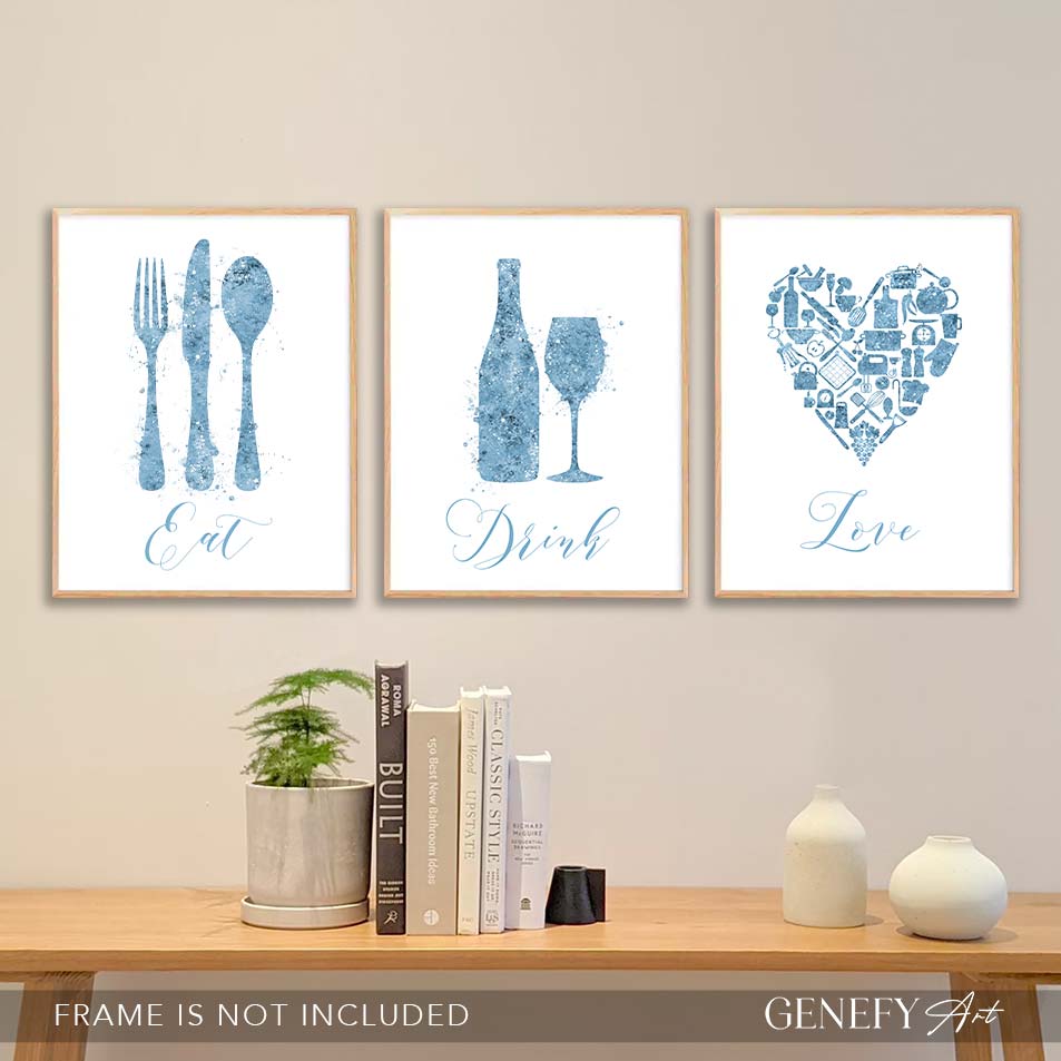 Pale Blue Watercolour Kitchen Print Set of 3