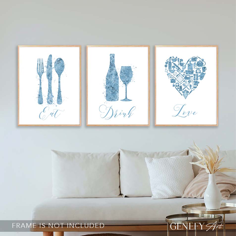 Pale Blue Watercolour Kitchen Print Set of 3