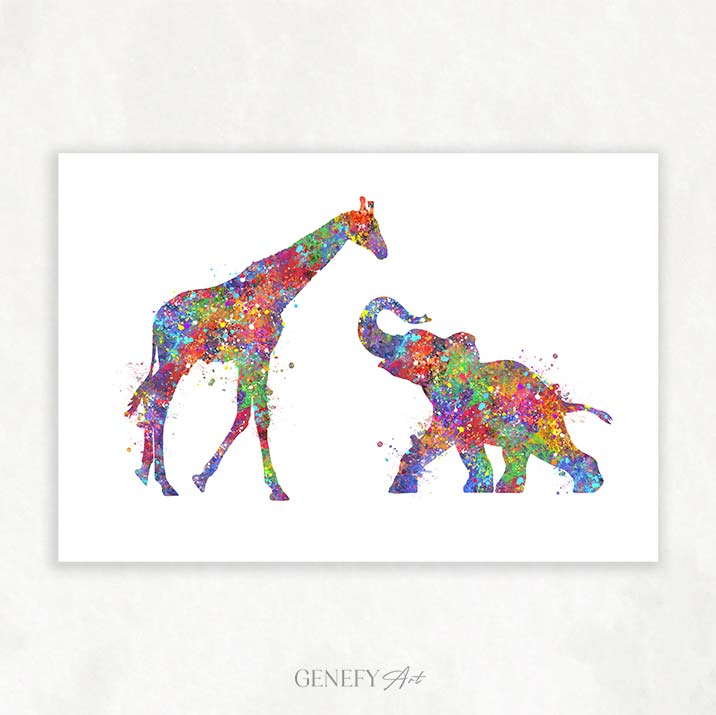 Elephant and Giraffe Watercolour Art