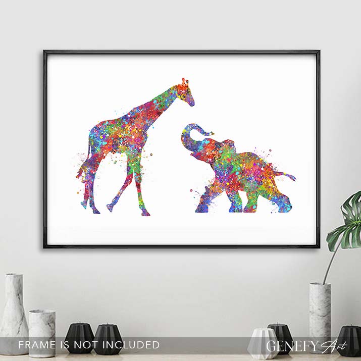 Elephant and Giraffe Watercolour Art