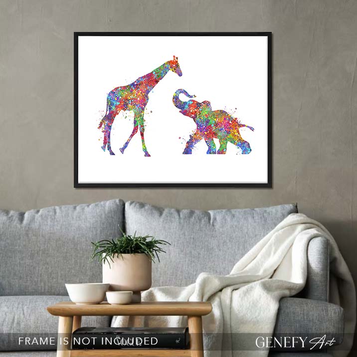 Elephant and Giraffe Watercolour Art