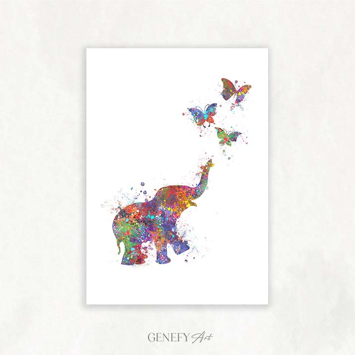 Elephant and Butterflies Watercolour Print