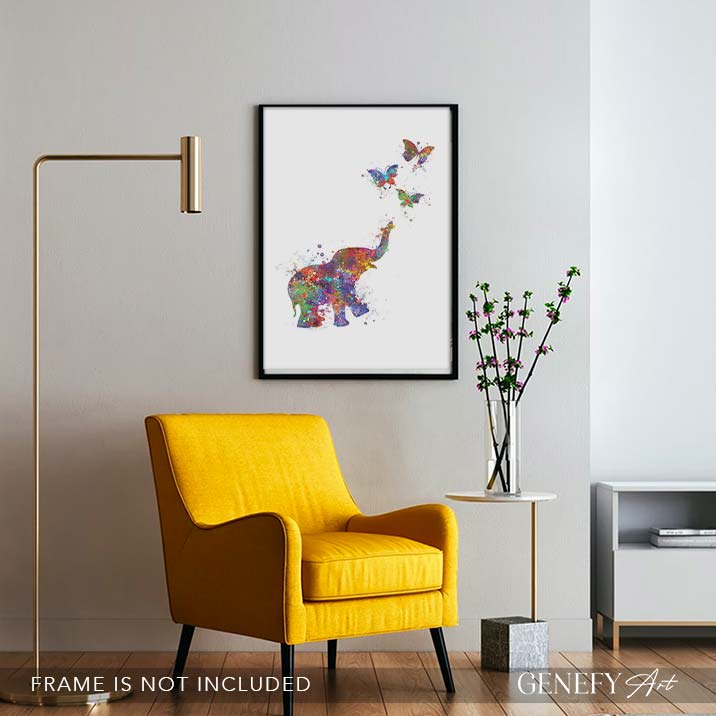 Elephant and Butterflies Watercolour Print