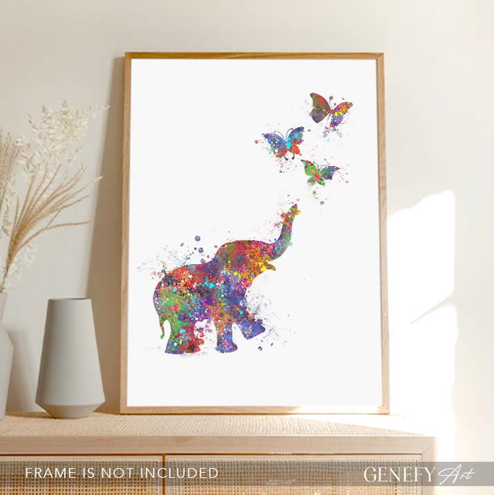Elephant and Butterflies Watercolour Print
