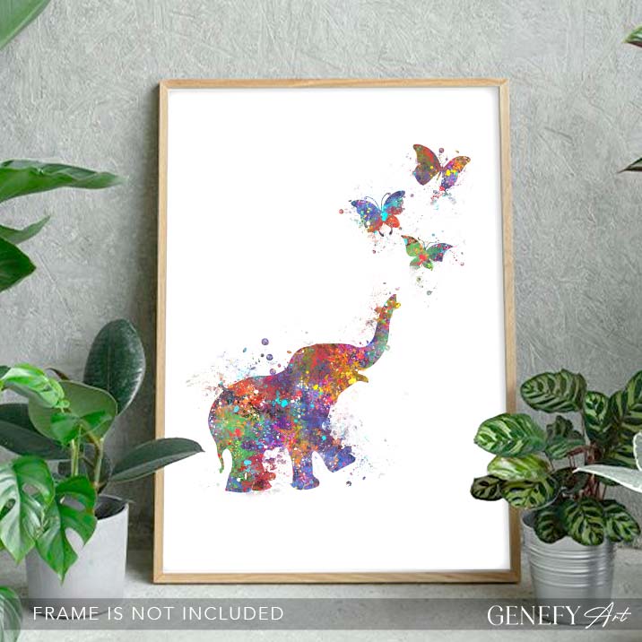 Elephant and Butterflies Watercolour Print
