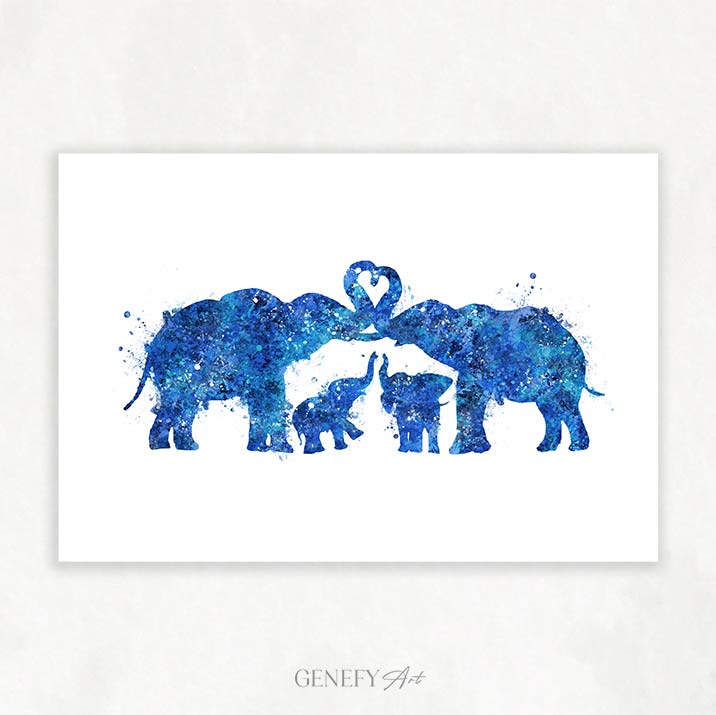 Elephant Herd Family of 4 Watercolour Art