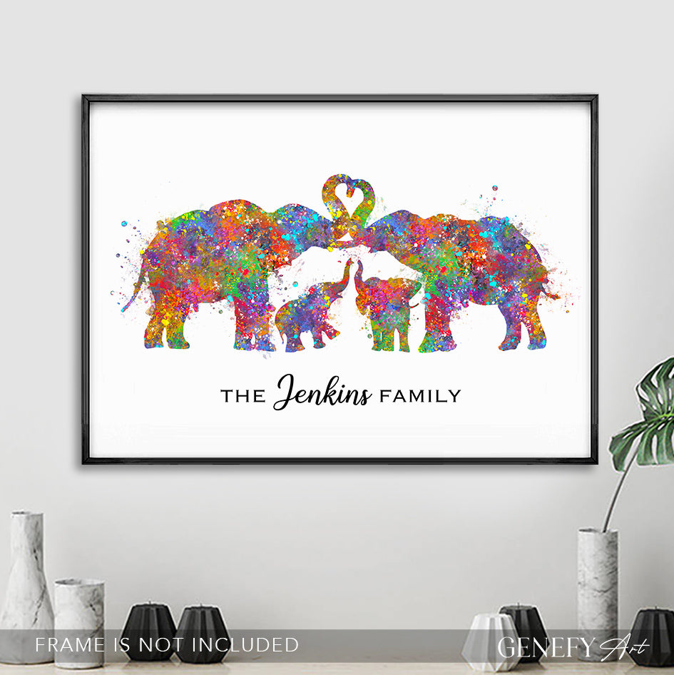 Personalised Elephant Family of 4 Art Print