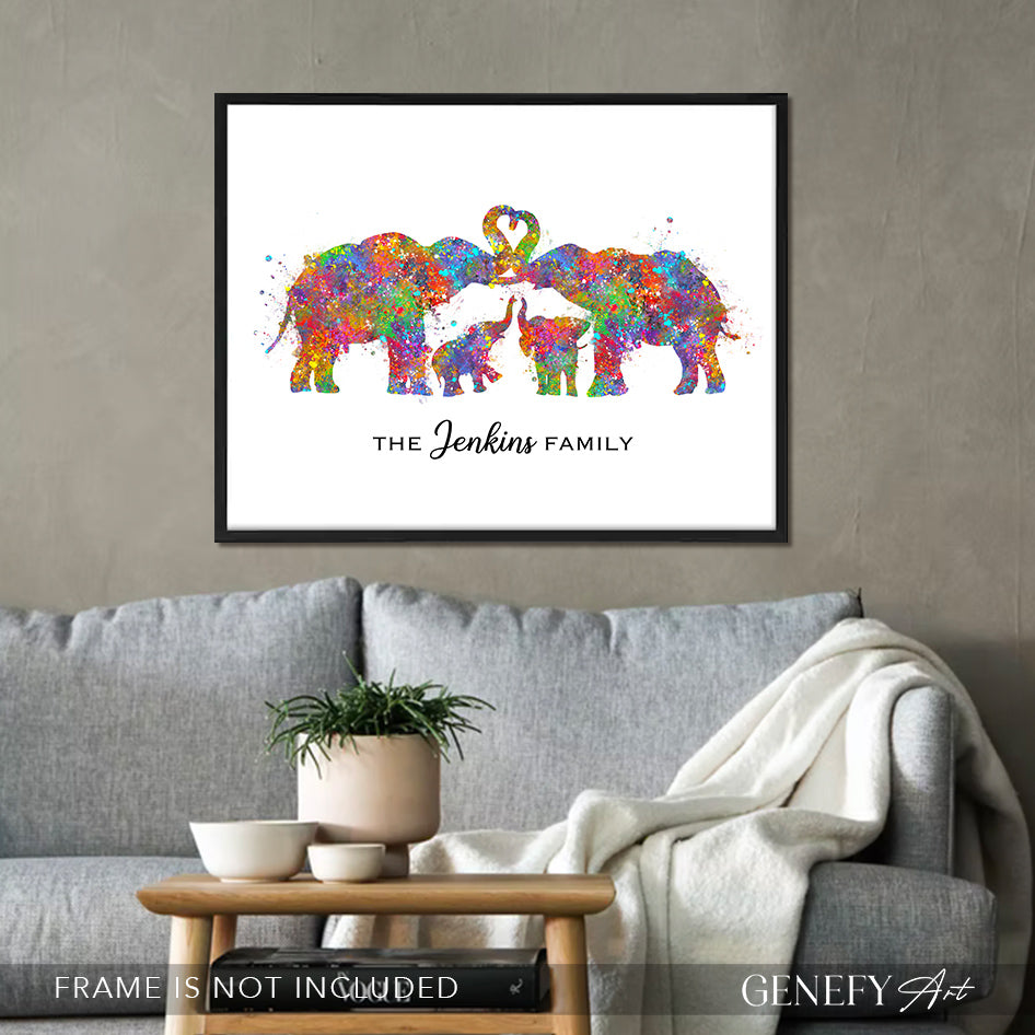 Personalised Elephant Family of 4 Art Print