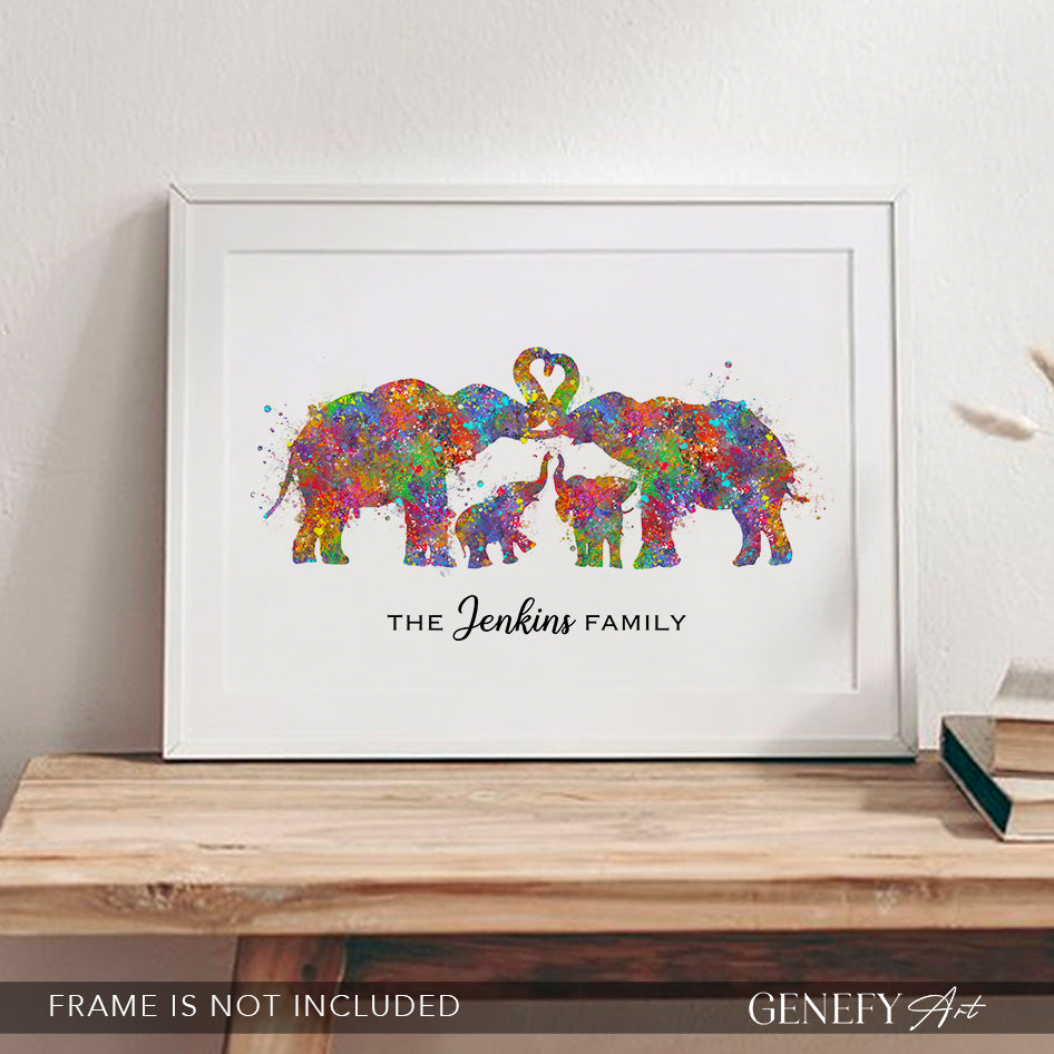 Personalised Elephant Family of 4 Art Print