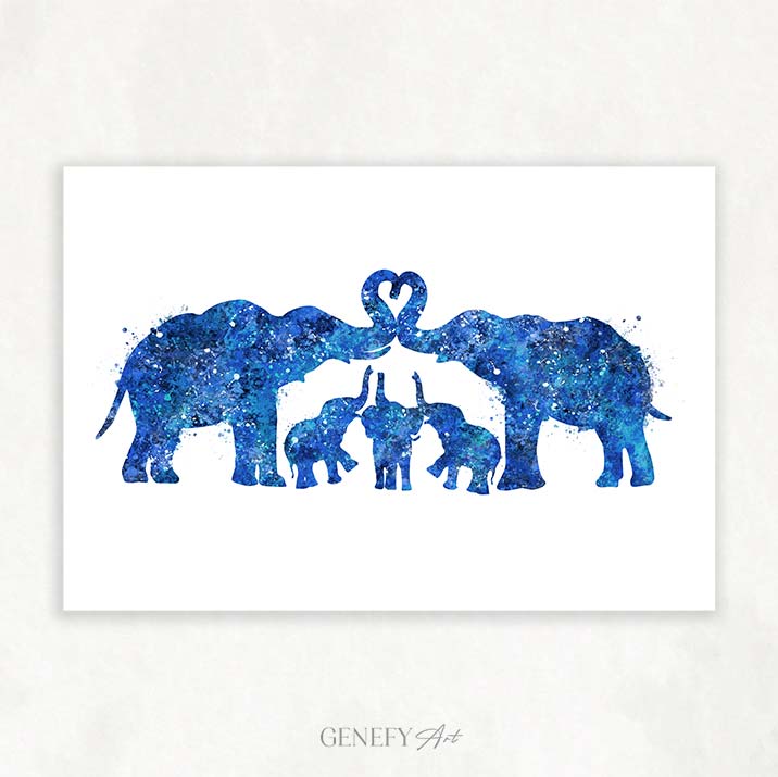 Elephant Herd Family of 5 Watercolour Art