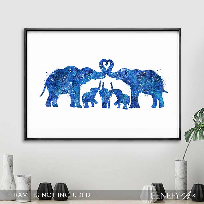 Elephant Herd Family of 5 Watercolour Art