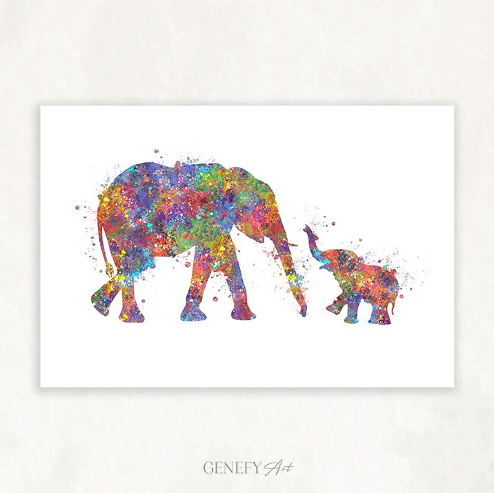 Elephant Mother and Baby Watercolour Art - Genefy Art