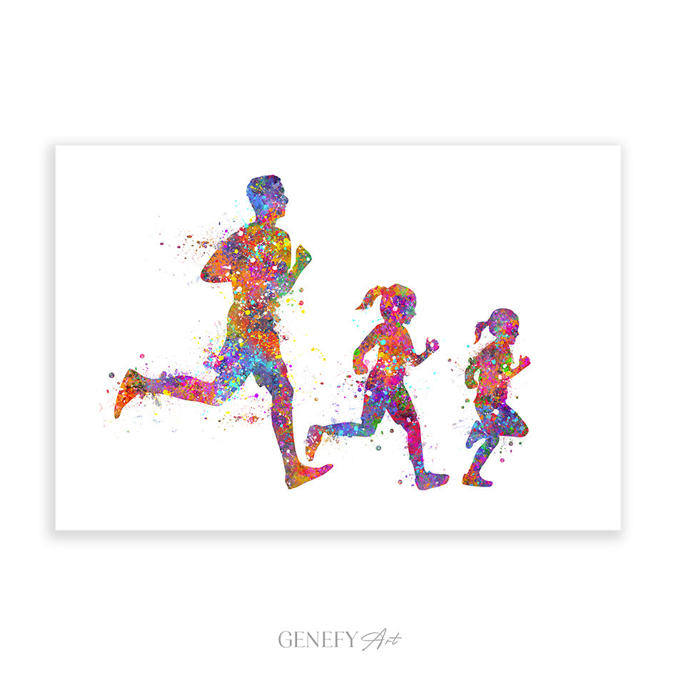 Father and Daughters Running Watercolour Print