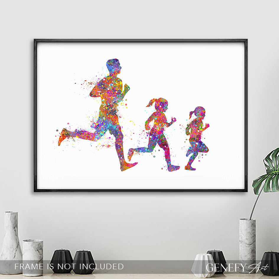 Father and Daughters Running Watercolour Print