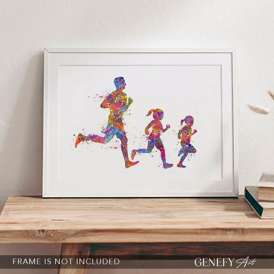 Father and Daughters Running Watercolour Print