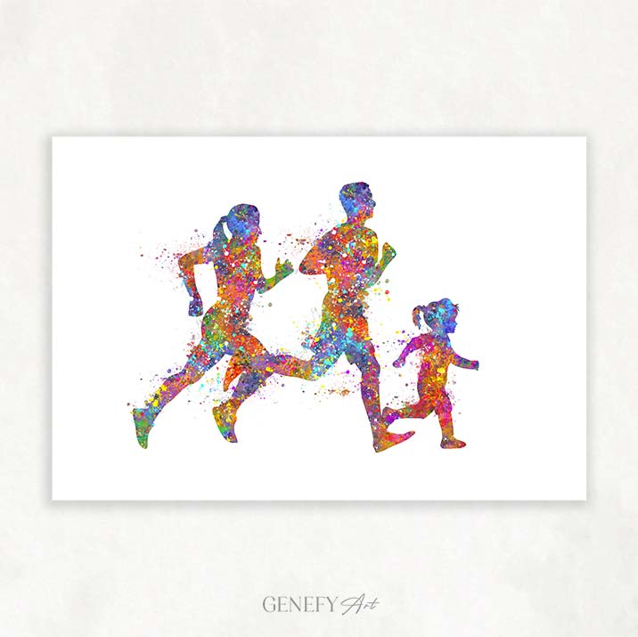 Family of 3 Running Watercolour Print