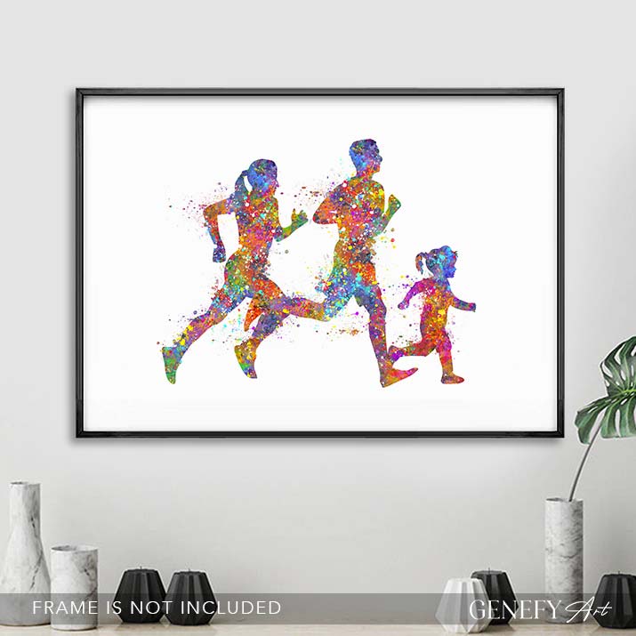 Family of 3 Running Watercolour Print