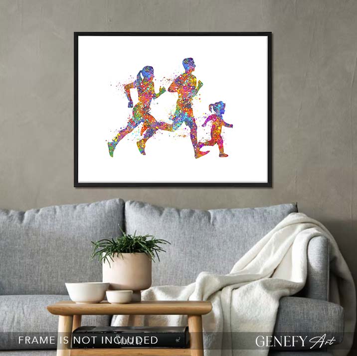 Family of 3 Running Watercolour Print