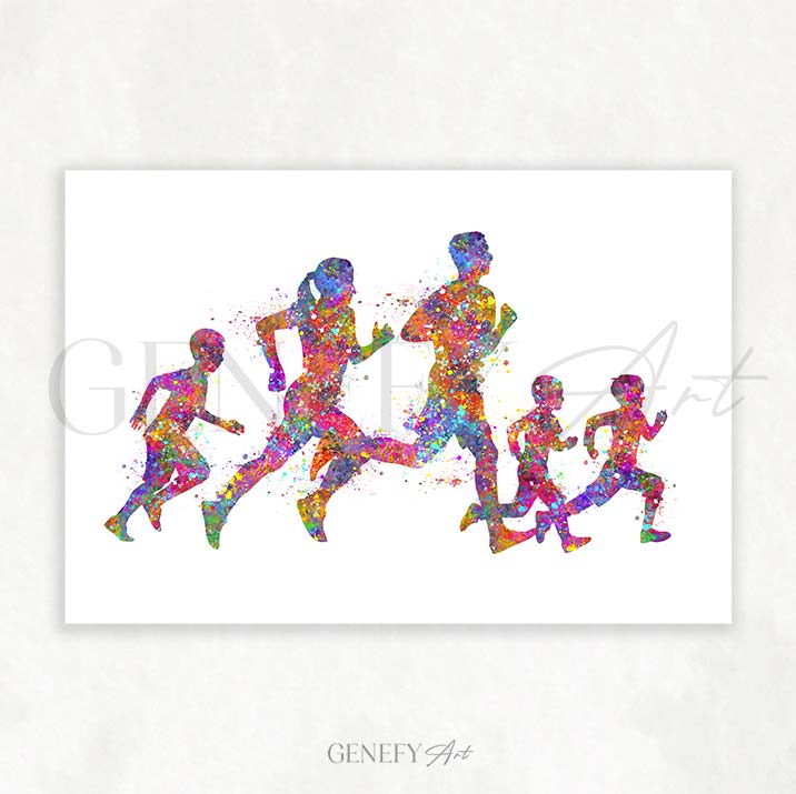 Family of 5 Running Watercolour Print
