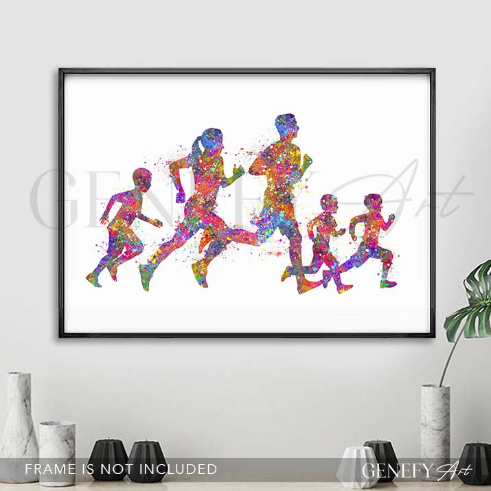 Family of 5 Running Watercolour Print
