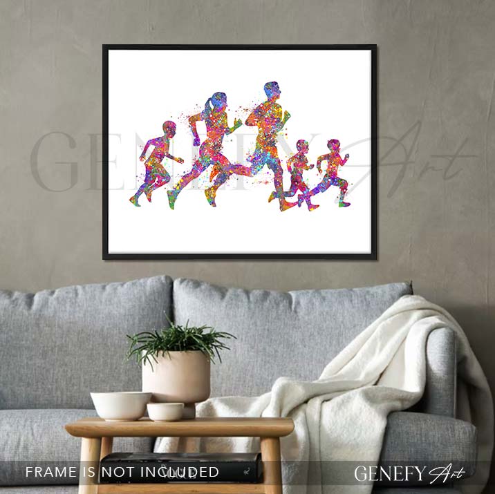 Family of 5 Running Watercolour Print