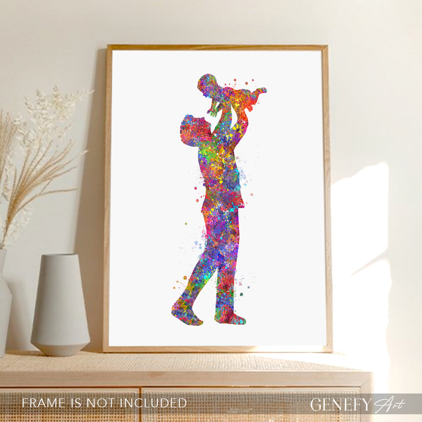Father Holding Baby Watercolour Art Print