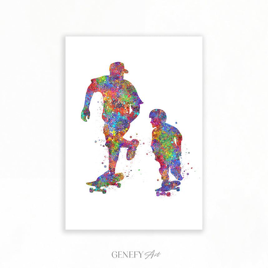 Father and Son Skateboarding Watercolour Art Print