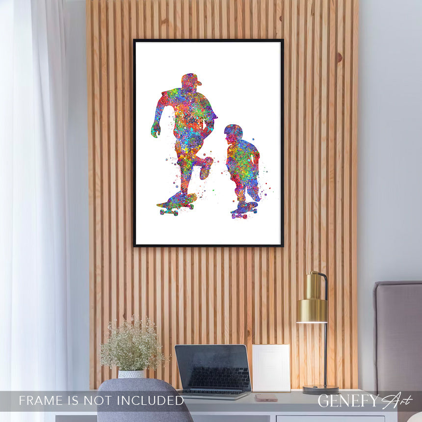 Father and Son Skateboarding Watercolour Art Print