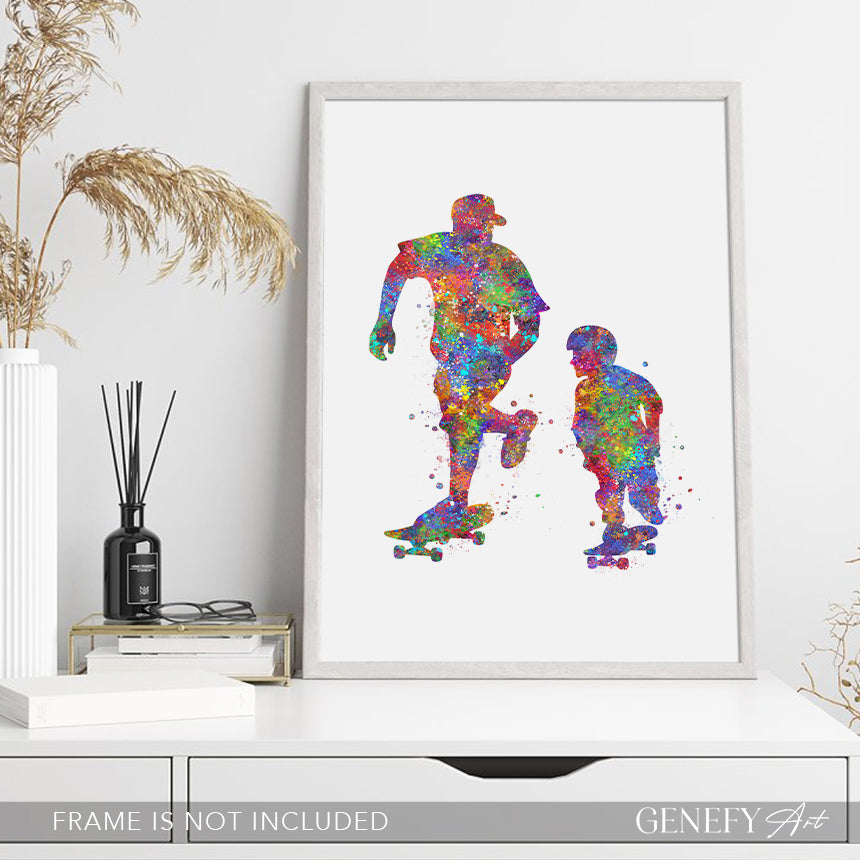 Father and Son Skateboarding Watercolour Art Print
