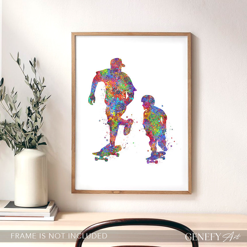 Father and Son Skateboarding Watercolour Art Print
