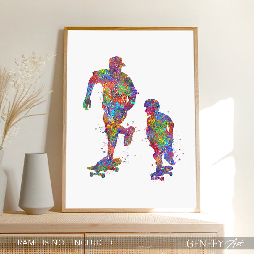 Father and Son Skateboarding Watercolour Art Print