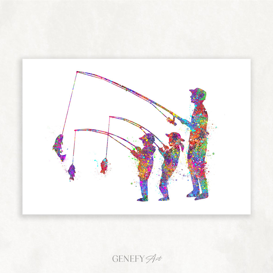 Father, Son and Daughter Fishing Art Print