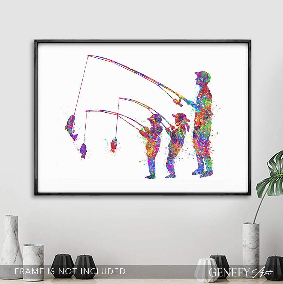 Father, Son and Daughter Fishing Art Print