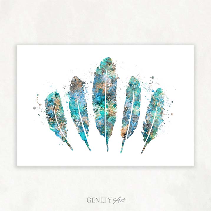 Feathers Teal Watercolour Print