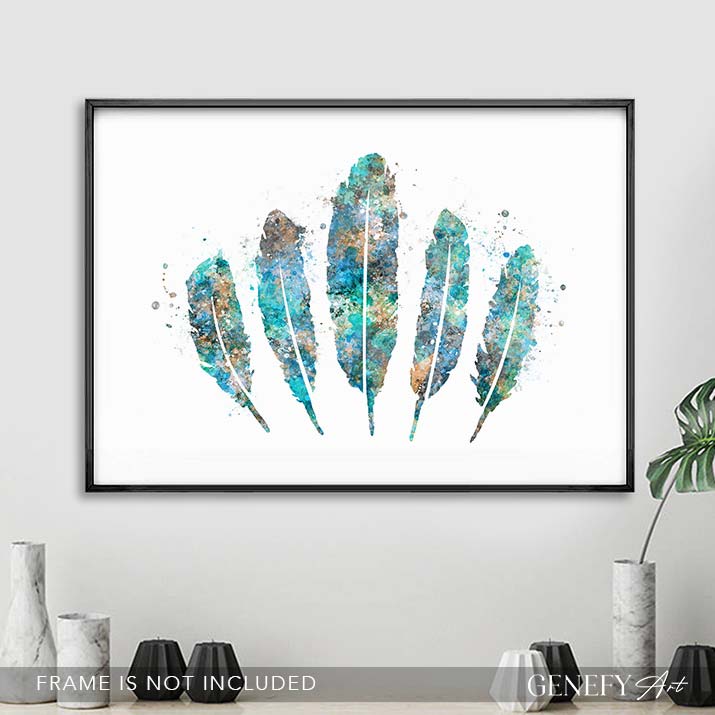 Feathers Teal Watercolour Print