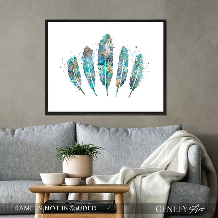 Feathers Teal Watercolour Print
