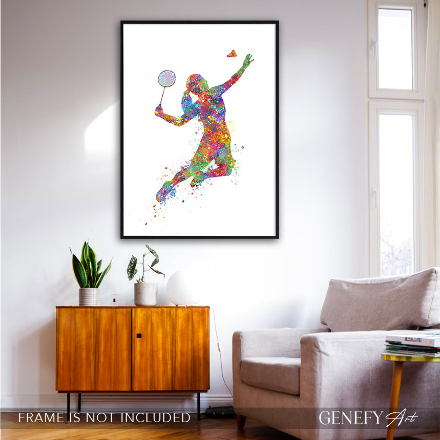 Female Badminton Player Watercolour Print