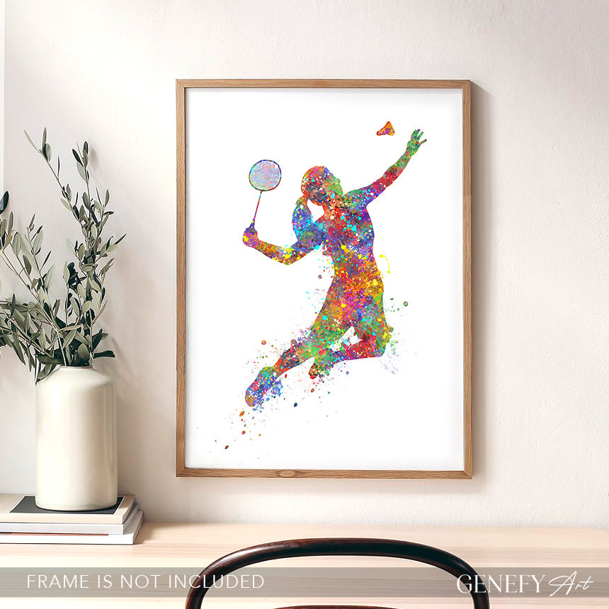 Female Badminton Player Watercolour Print