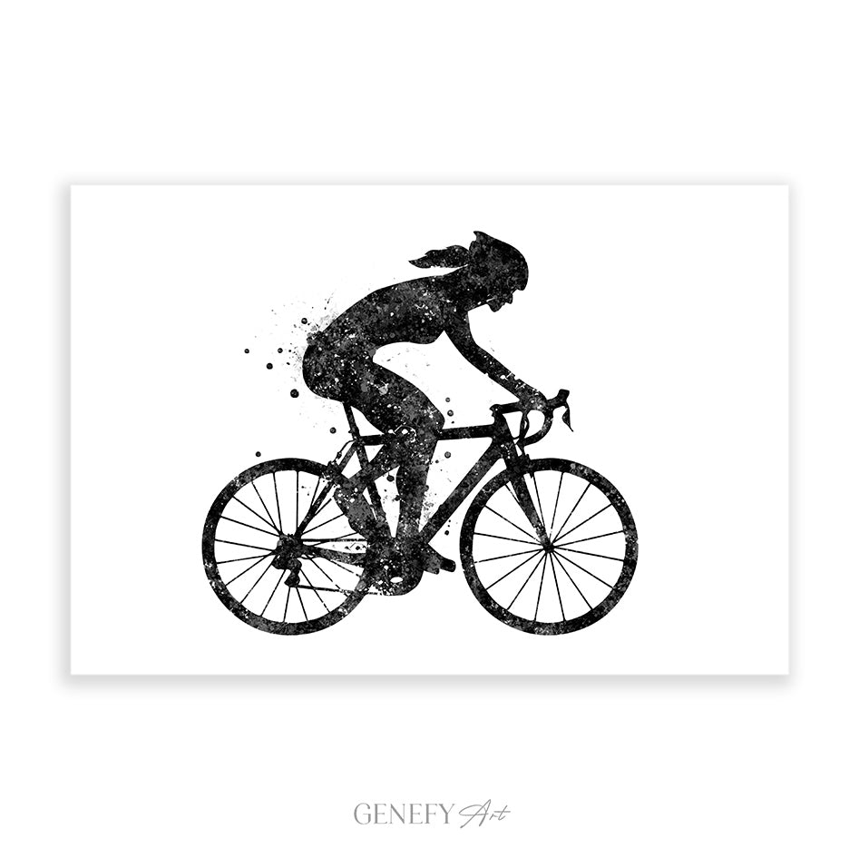 Female Road Cyclist Black and White Watercolour Art Print