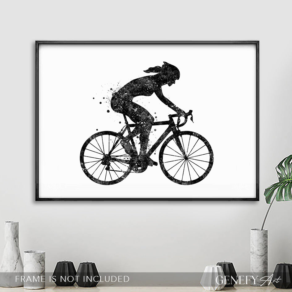 Female Road Cyclist Black and White Watercolour Art Print