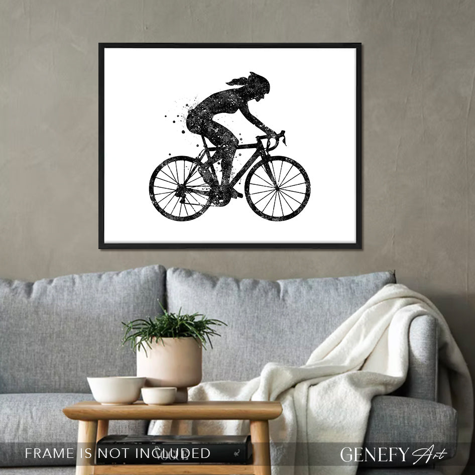 Female Road Cyclist Black and White Watercolour Art Print