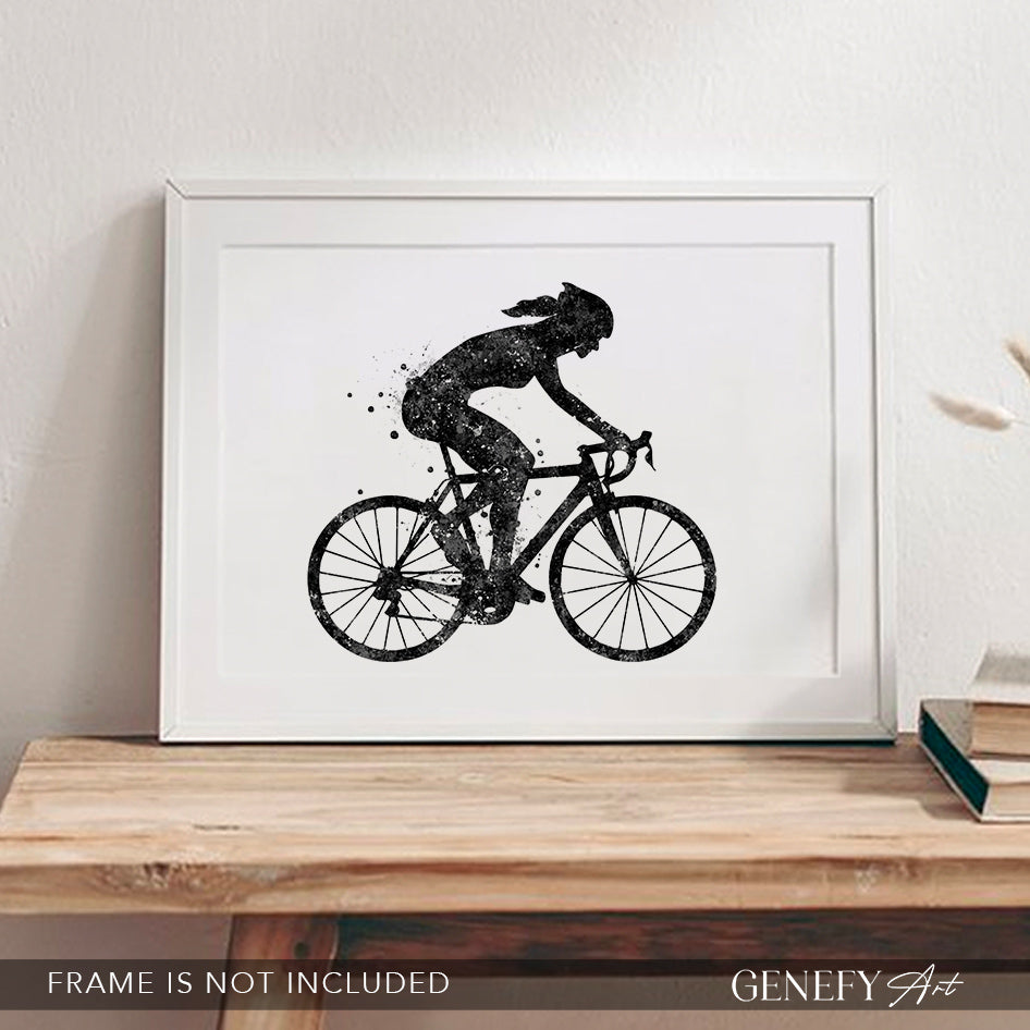 Female Road Cyclist Black and White Watercolour Art Print