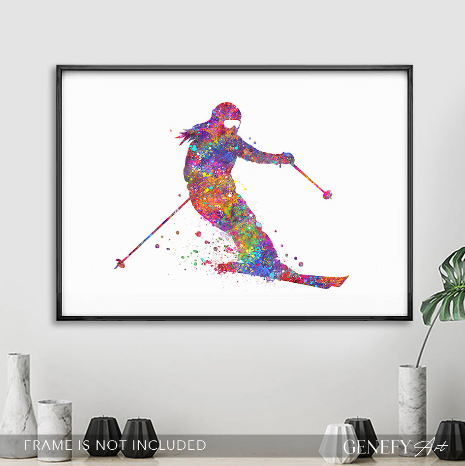 Female Skier Watercolour Art Print