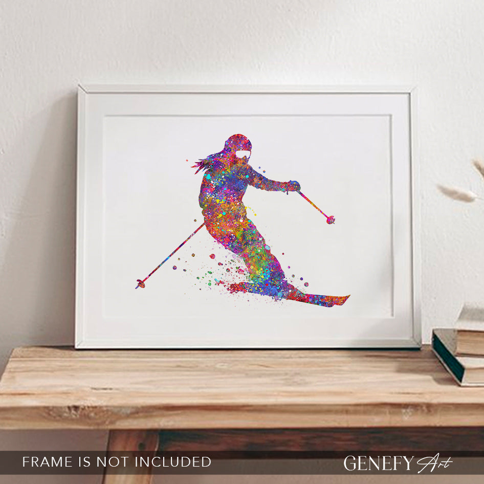 Female Skier Watercolour Art Print
